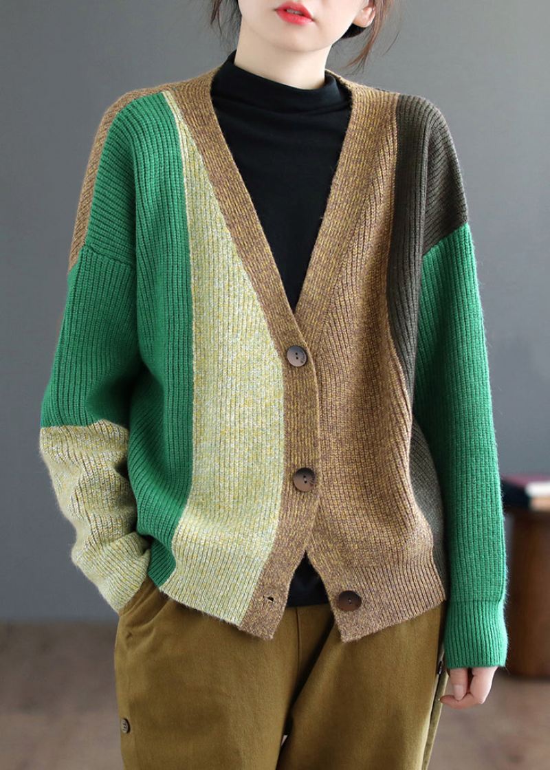 Grønn Patchwork Knitting Cardigan Topp V-hals Langermet