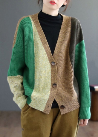 Grønn Patchwork Knitting Cardigan Topp V-hals Langermet