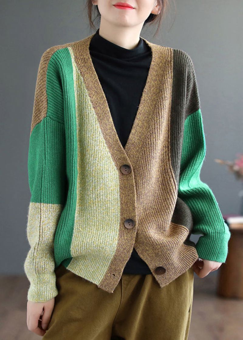 Grønn Patchwork Knitting Cardigan Topp V-hals Langermet - Cardigans for kvinner