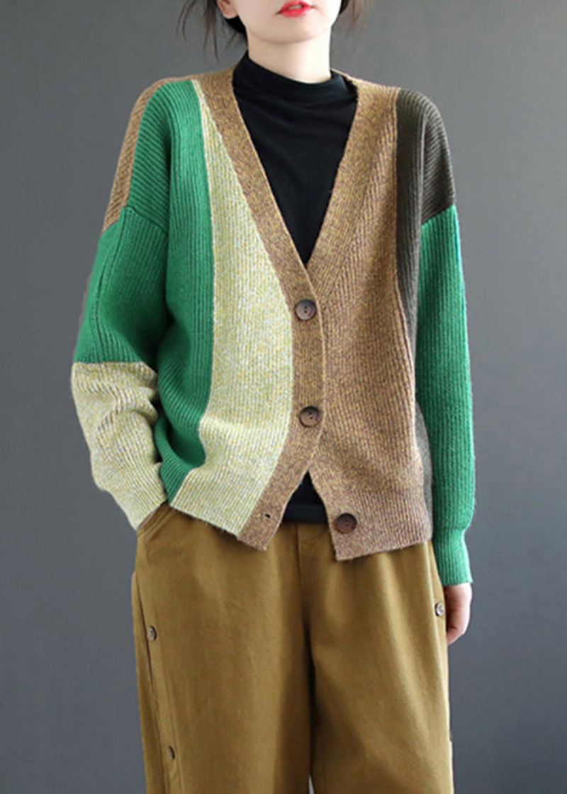 Grønn Patchwork Knitting Cardigan Topp V-hals Langermet - Cardigans for kvinner