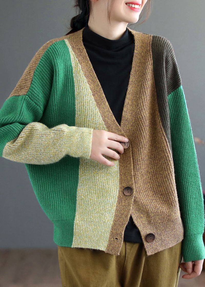 Grønn Patchwork Knitting Cardigan Topp V-hals Langermet - Cardigans for kvinner