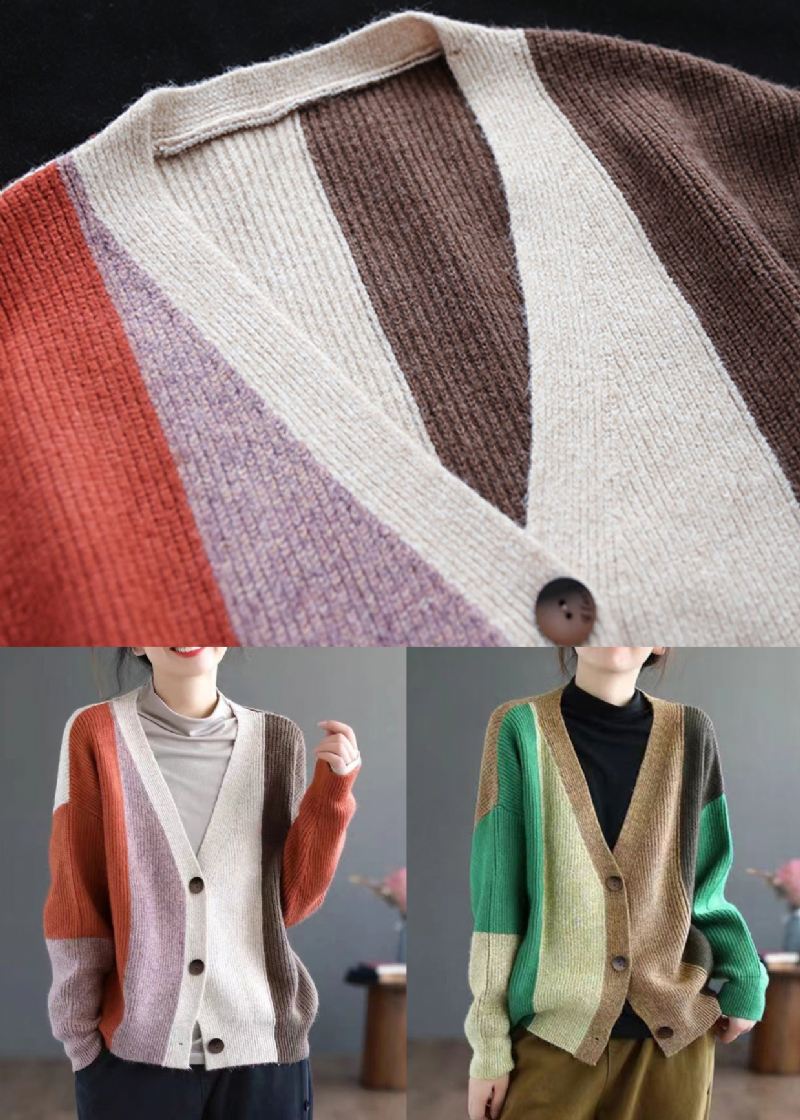 Grønn Patchwork Knitting Cardigan Topp V-hals Langermet - Cardigans for kvinner