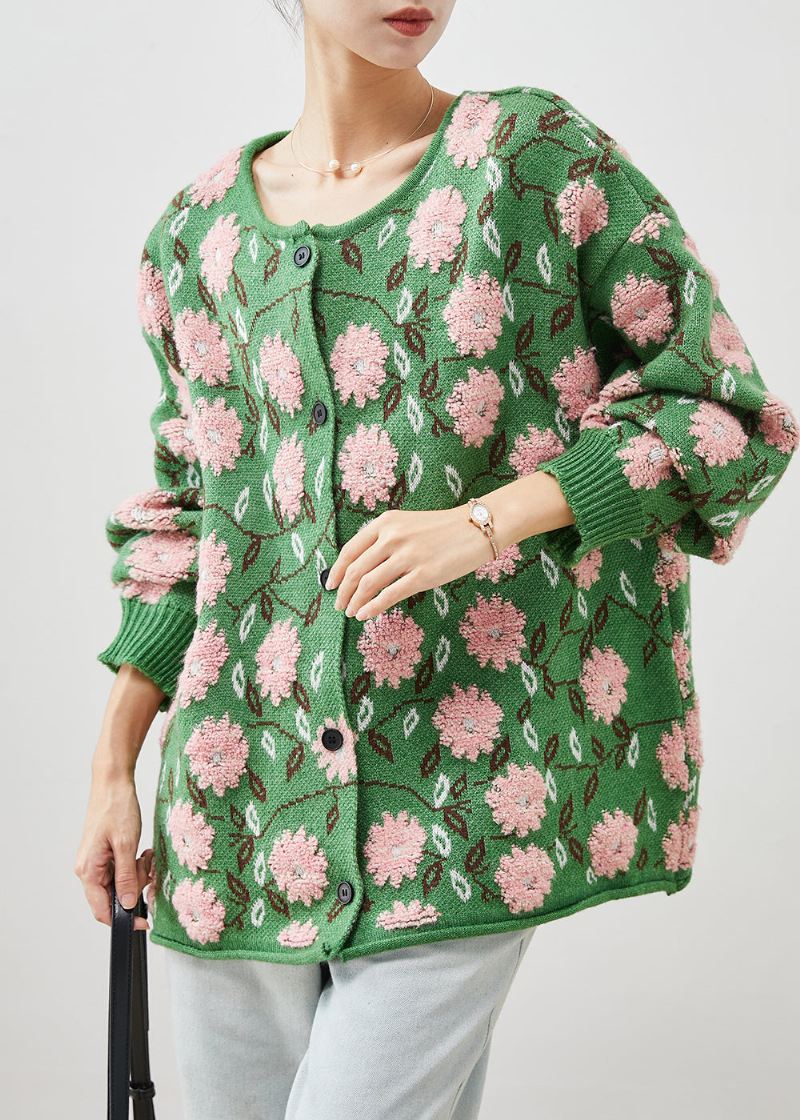 Grønne Blomster Jacquard Koselige Strikkede Cardigans Oversized Vinter