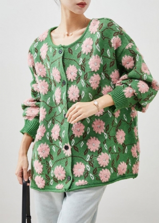 Grønne Blomster Jacquard Koselige Strikkede Cardigans Oversized Vinter