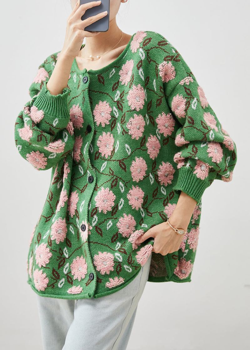 Grønne Blomster Jacquard Koselige Strikkede Cardigans Oversized Vinter - Cardigans for kvinner