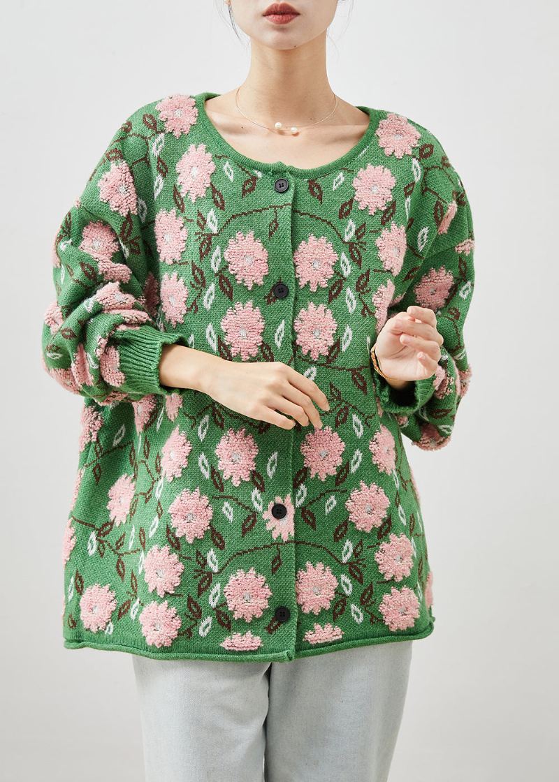 Grønne Blomster Jacquard Koselige Strikkede Cardigans Oversized Vinter - Cardigans for kvinner