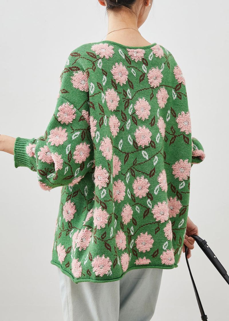 Grønne Blomster Jacquard Koselige Strikkede Cardigans Oversized Vinter - Cardigans for kvinner