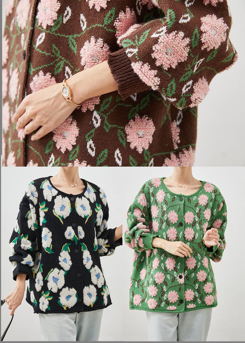 Grønne Blomster Jacquard Koselige Strikkede Cardigans Oversized Vinter - Cardigans for kvinner