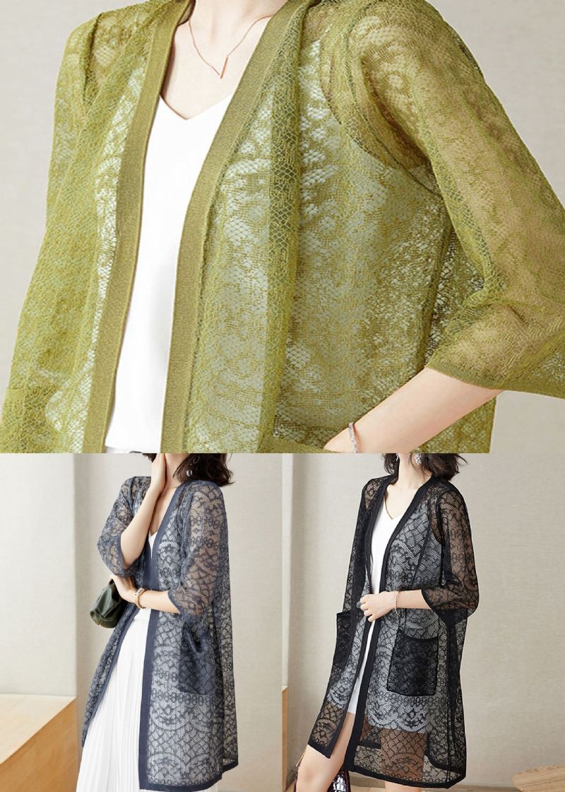 Grønne Lommer Patchwork Blonde Cardigan V-hals Hul Ut Sommer - Cardigans for kvinner