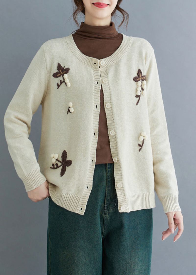 Håndlaget Beige Brodert Strikket Cardigan Vinter