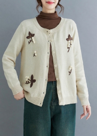 Håndlaget Beige Brodert Strikket Cardigan Vinter