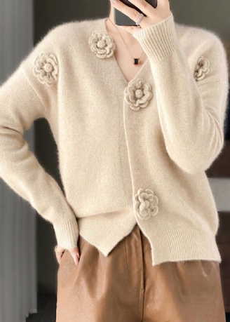 Håndlaget Beige V-hals Floral Heklet Cashmere Strikket Cardigan Spring