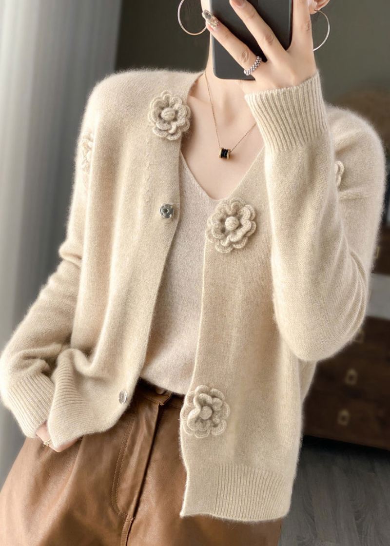 Håndlaget Beige V-hals Floral Heklet Cashmere Strikket Cardigan Spring - Cardigans for kvinner