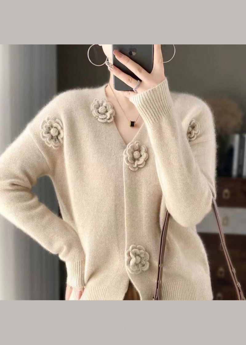 Håndlaget Beige V-hals Floral Heklet Cashmere Strikket Cardigan Spring - Cardigans for kvinner