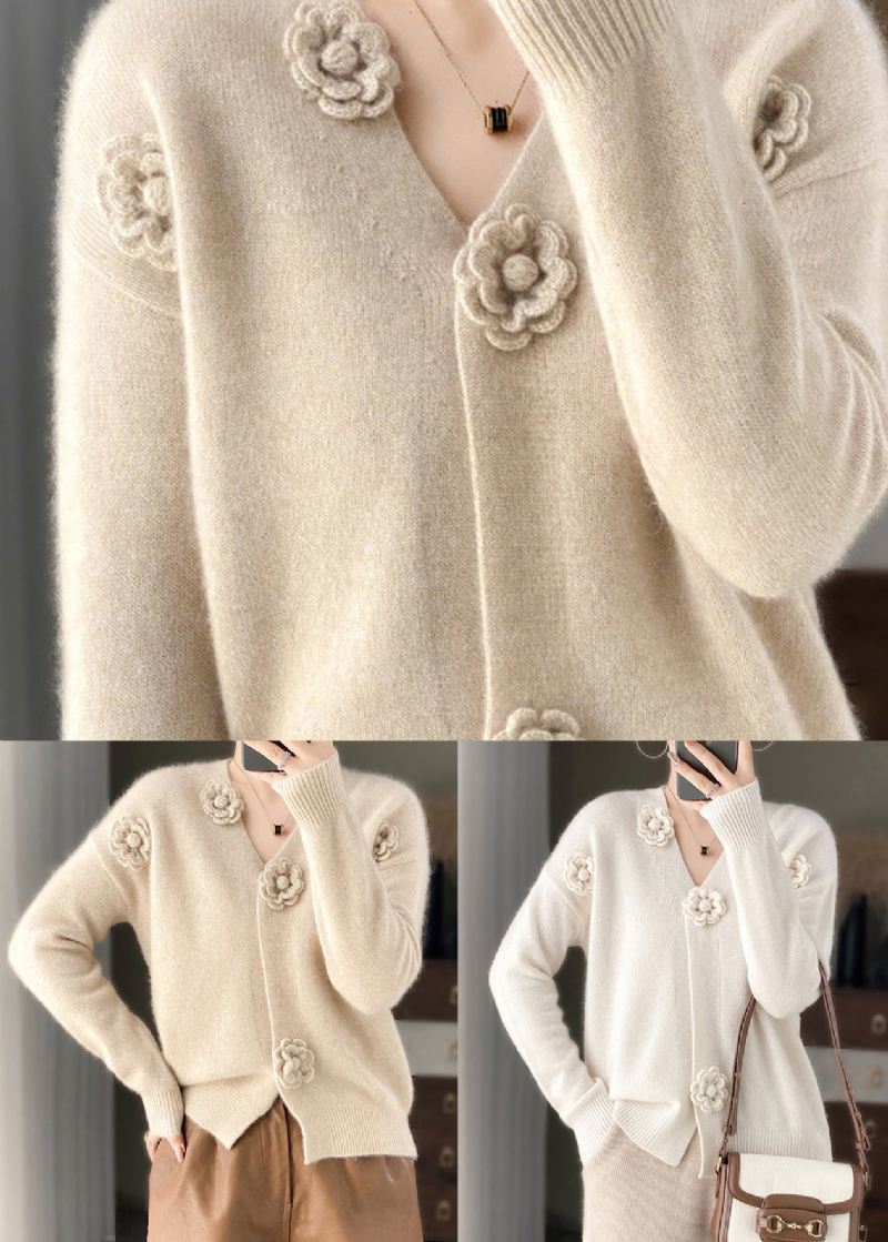 Håndlaget Beige V-hals Floral Heklet Cashmere Strikket Cardigan Spring - Cardigans for kvinner