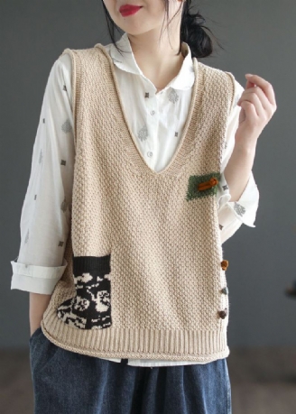 Italiensk Beige V-hals Patchwork Koselig Bomullstrikket Vest Ermeløs