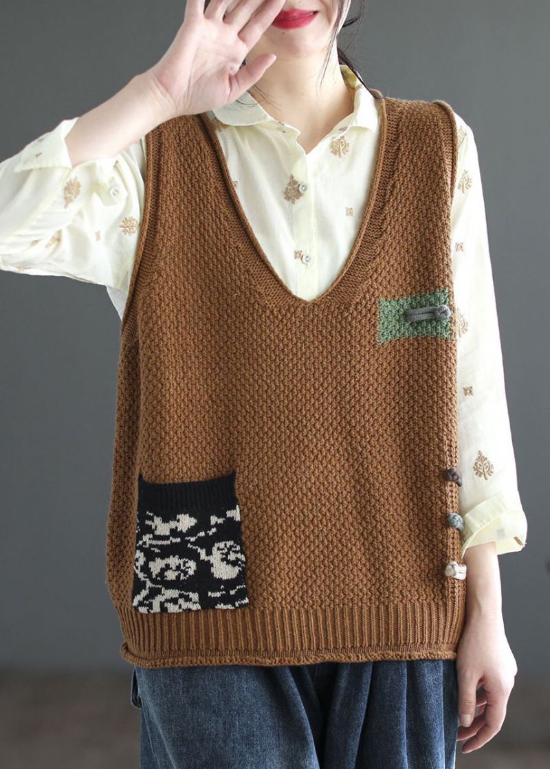 Italiensk Beige V-hals Patchwork Koselig Bomullstrikket Vest Ermeløs - Cardigans for kvinner