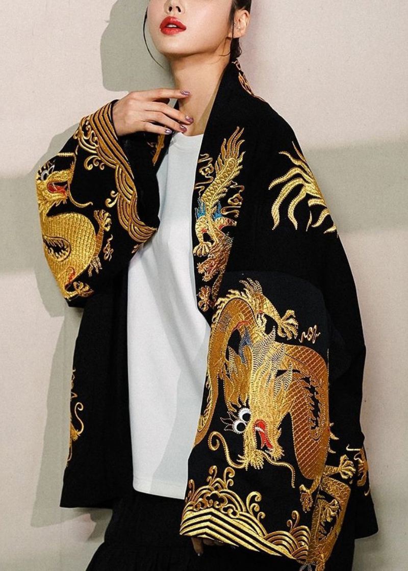 Italiensk Black Dragon Brodert Oversized Cotton Cardigan Fall - Cardigans for kvinner