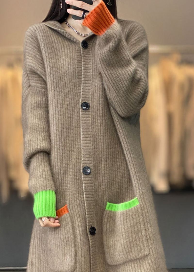 Italiensk Khaki Hette Lommer Button Patchwork Cashmere Coat Fall - Cardigans for kvinner