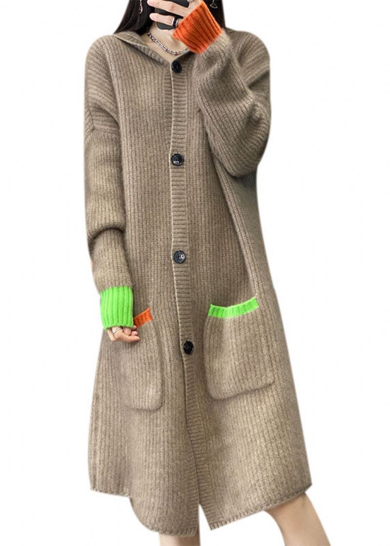 Italiensk Khaki Hette Lommer Button Patchwork Cashmere Coat Fall - Cardigans for kvinner