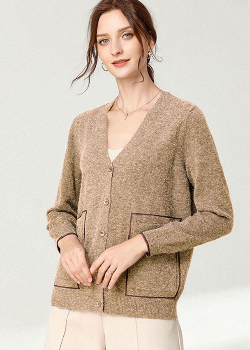 Italiensk Khaki V-halslommer Spring Cardigan Langermet