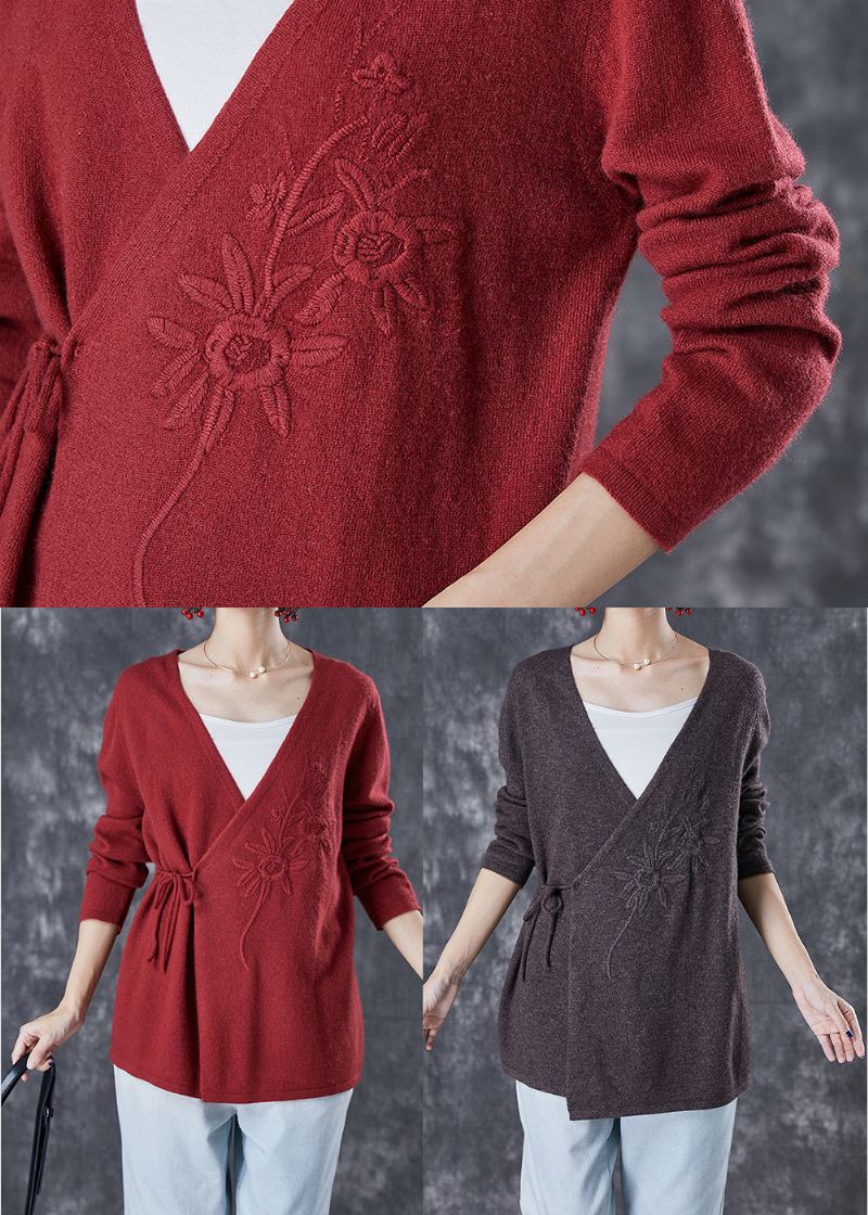 Italiensk Mulberry Brodert Tie Midje Ull Strikket Cardigan Winter - Cardigans for kvinner