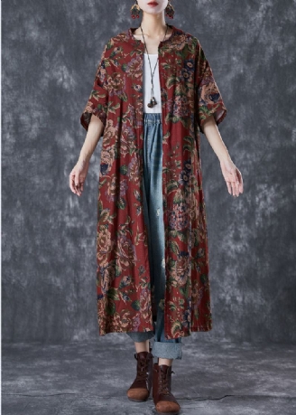 Italiensk Rød Oversized Print Bomull Lange Cardigans Sommer