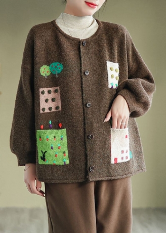 Kaffelommer Patchwork Strikkede Cardigans Frakk O-hals Knapp Fall