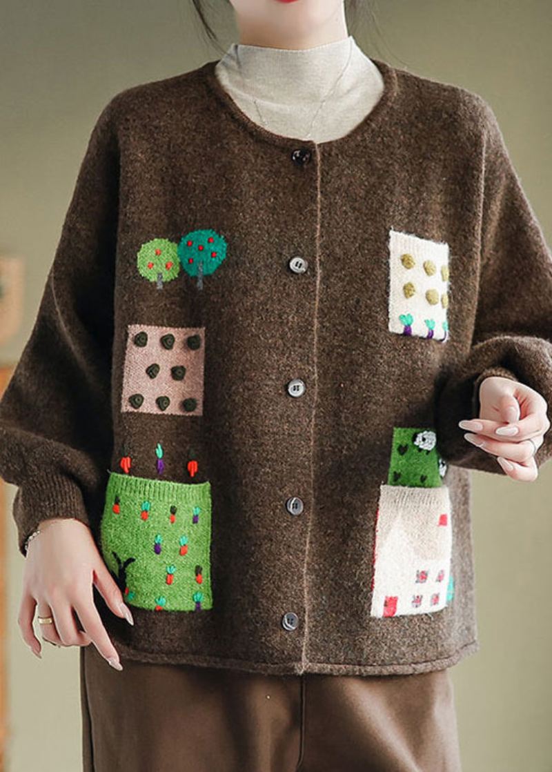 Kaffelommer Patchwork Strikkede Cardigans Frakk O-hals Knapp Fall - Cardigans for kvinner