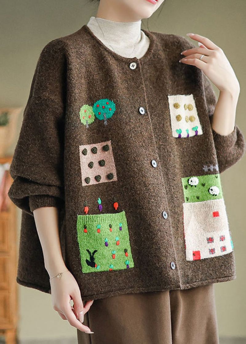 Kaffelommer Patchwork Strikkede Cardigans Frakk O-hals Knapp Fall - Cardigans for kvinner