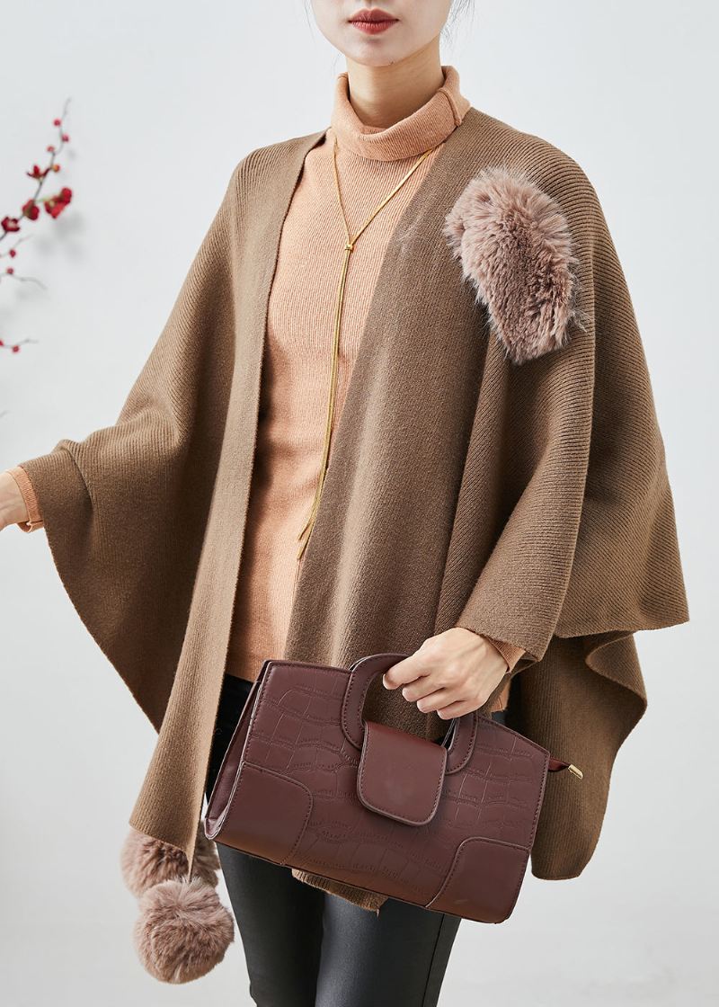 Khaki Oversized Strikket Cardigan Fuzzy Ball Dekorert Kappe Ermer