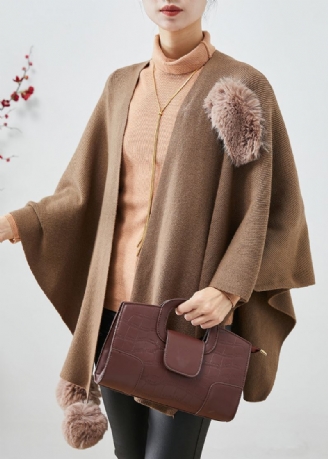 Khaki Oversized Strikket Cardigan Fuzzy Ball Dekorert Kappe Ermer