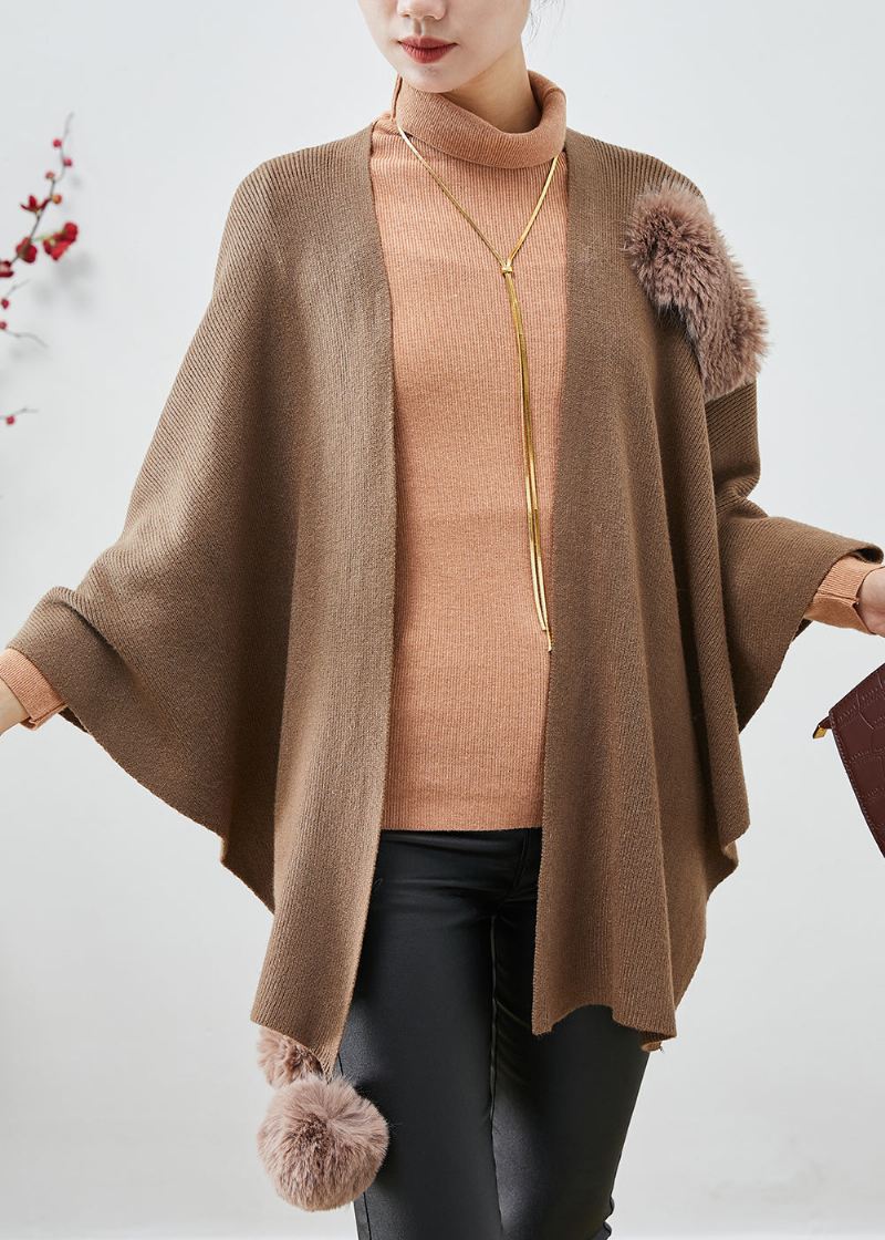 Khaki Oversized Strikket Cardigan Fuzzy Ball Dekorert Kappe Ermer - Cardigans for kvinner