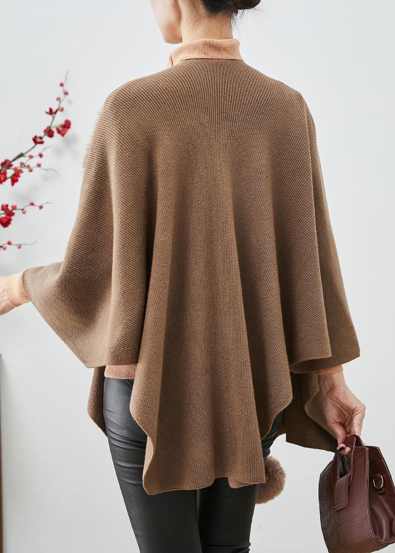 Khaki Oversized Strikket Cardigan Fuzzy Ball Dekorert Kappe Ermer - Cardigans for kvinner