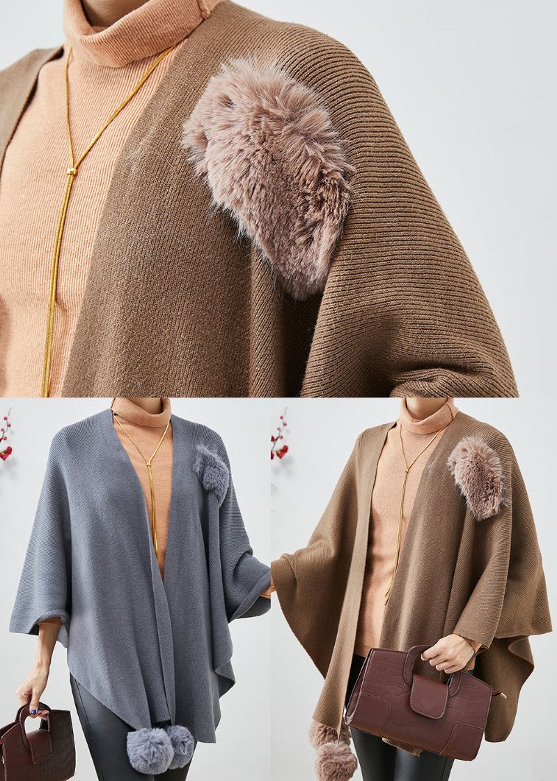 Khaki Oversized Strikket Cardigan Fuzzy Ball Dekorert Kappe Ermer - Cardigans for kvinner