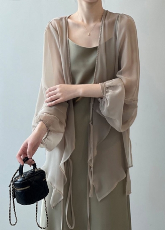 Khaki Solid Chiffon Cardigan Blonder Med Lange Ermer