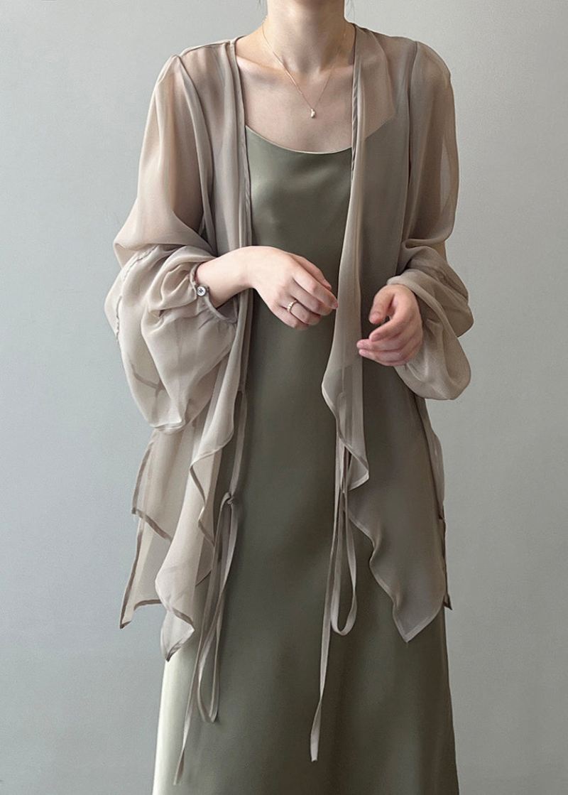 Khaki Solid Chiffon Cardigan Blonder Med Lange Ermer - Cardigans for kvinner