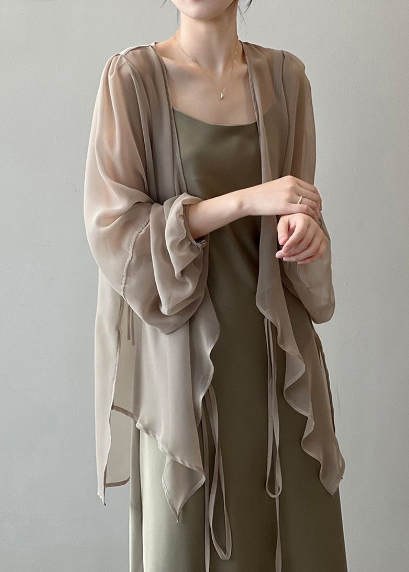 Khaki Solid Chiffon Cardigan Blonder Med Lange Ermer - Cardigans for kvinner