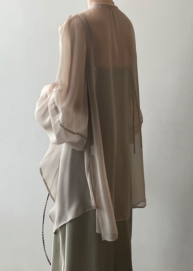 Khaki Solid Chiffon Cardigan Blonder Med Lange Ermer - Cardigans for kvinner