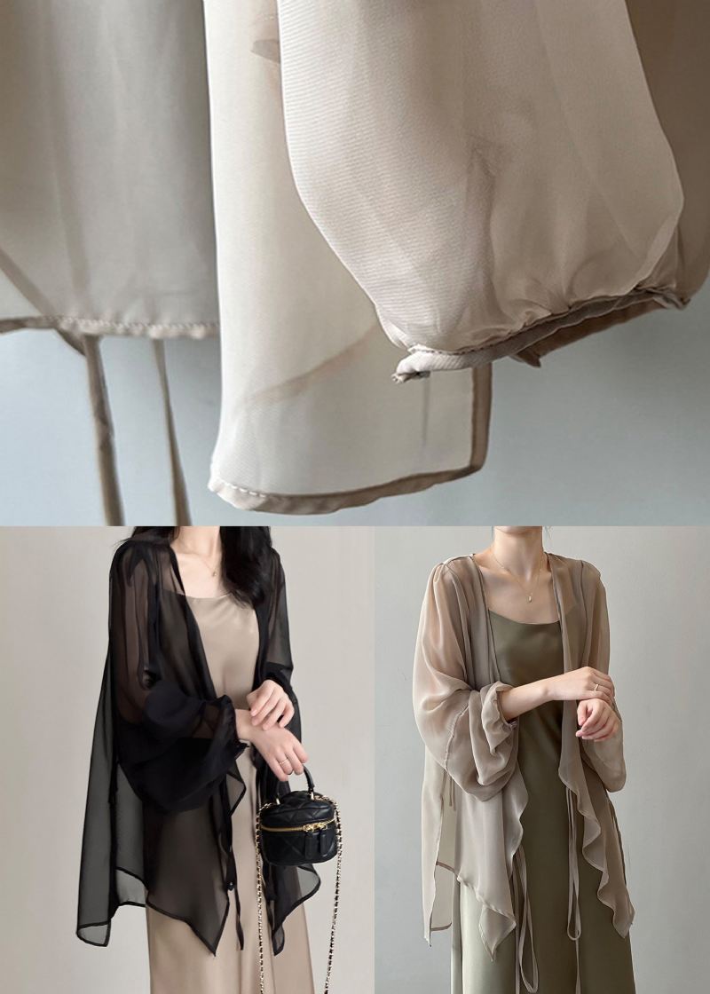 Khaki Solid Chiffon Cardigan Blonder Med Lange Ermer - Cardigans for kvinner