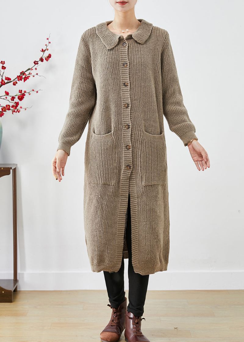 Khaki Tykke Strikkede Trenchcoats Overdimensjonerte Lommer Fall - Cardigans for kvinner