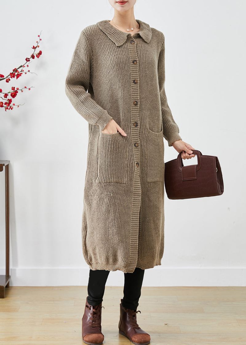 Khaki Tykke Strikkede Trenchcoats Overdimensjonerte Lommer Fall - Cardigans for kvinner