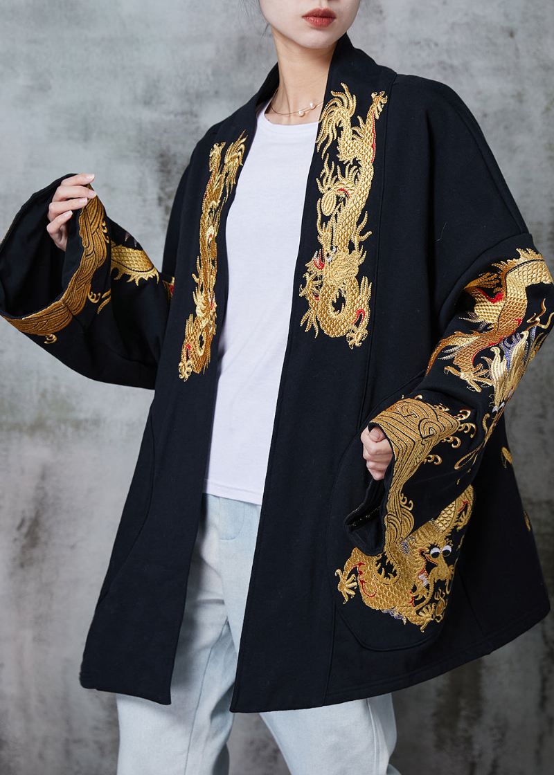 Kinesisk Stil Black Oversized Dragon Cotton Cardigans Spring - Cardigans for kvinner