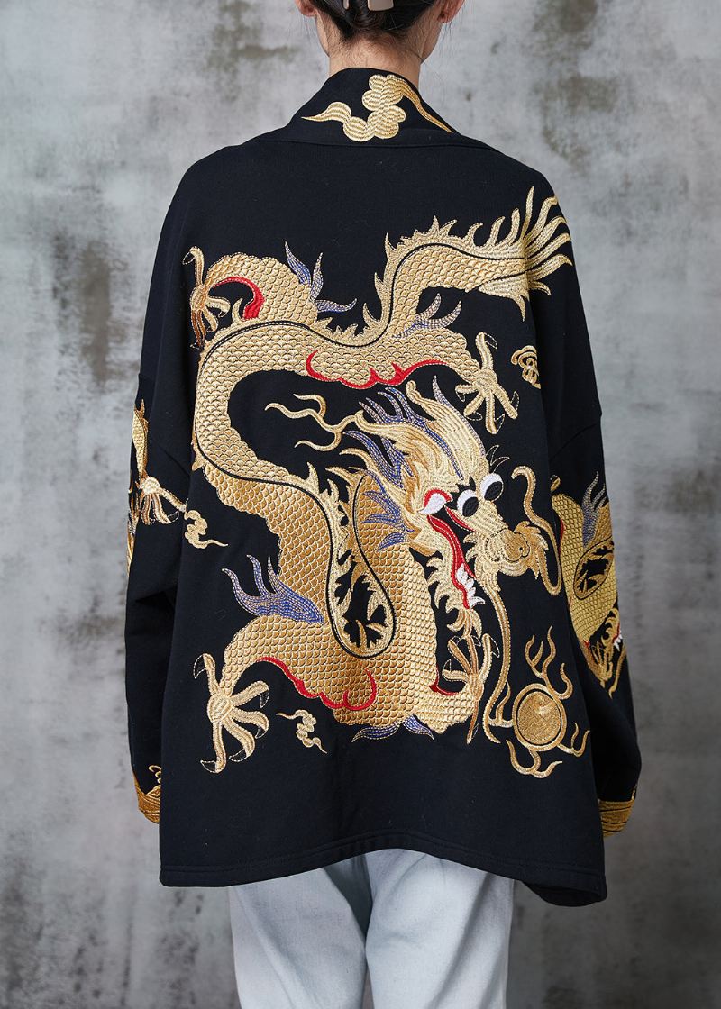 Kinesisk Stil Black Oversized Dragon Cotton Cardigans Spring - Cardigans for kvinner