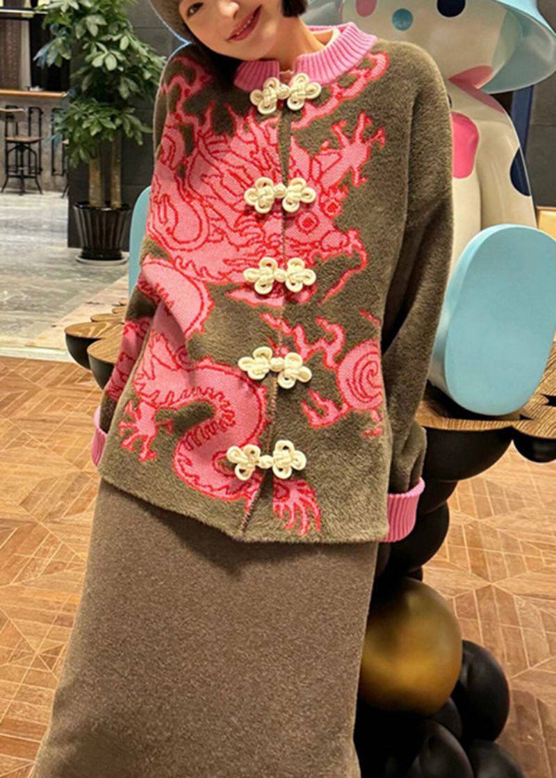 Kinesisk Stil Dragon Jacquard Oriental Button Knit Cardigan Spring - Cardigans for kvinner