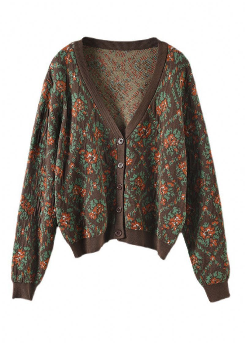 Klassisk Kaffe Oversized Print Strikket Cardigan Vår - Cardigans for kvinner