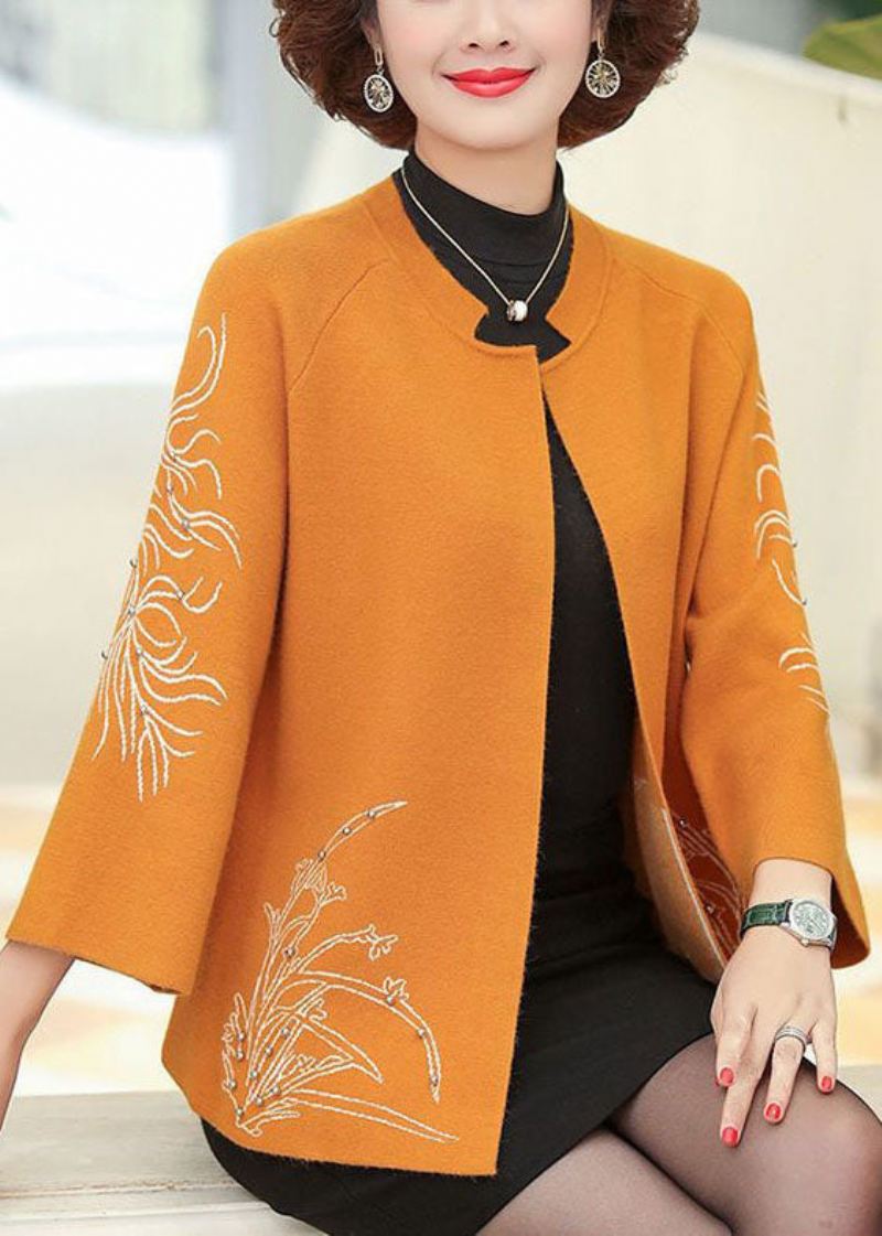 Klassisk Oransje O-hals Brodert Spikerperle Ull Cardigan Med Lange Ermer - Oransje