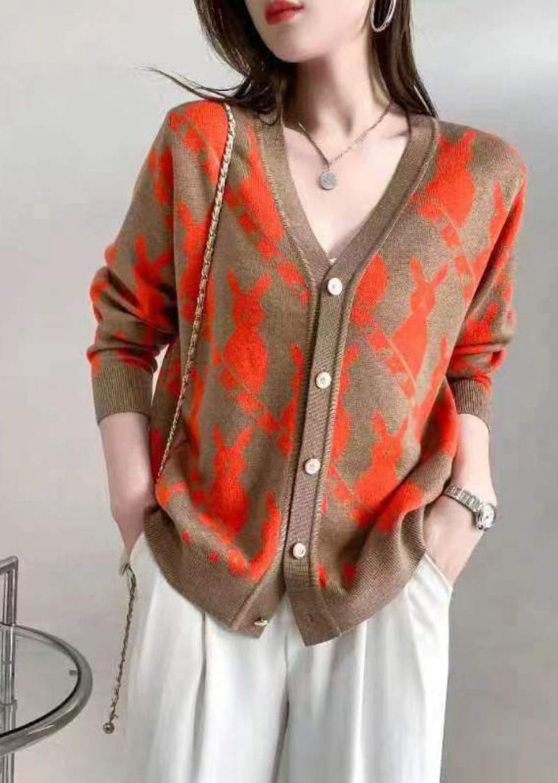 Klassisk Rose V-halsknapp Jacquard Ullcardigan Fall - Cardigans for kvinner