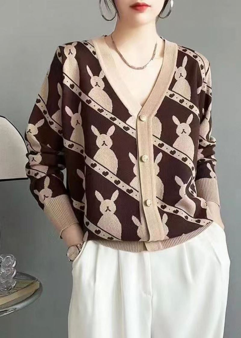 Klassisk Rose V-halsknapp Jacquard Ullcardigan Fall - Cardigans for kvinner