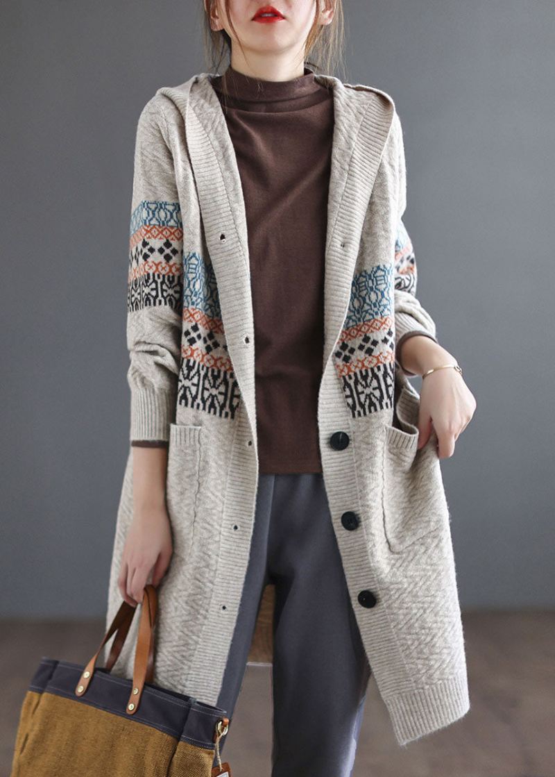 Kvinner Beige Button Strikket Hette Frakker Cardigans Spring - Rød